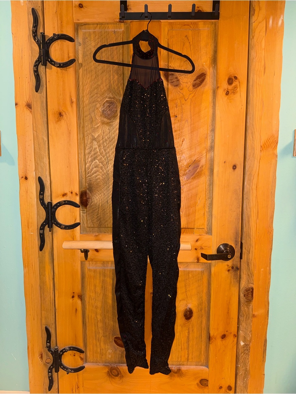 Black sequin & red rhinestone halter cat suit